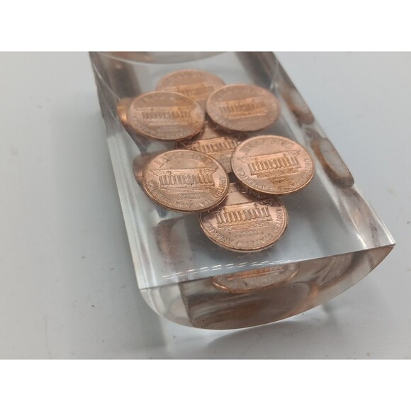 Vintage 1972 Penny Lucite Epoxy? Paperweight 3" X 2" Office Weight - Picture 8 of 9